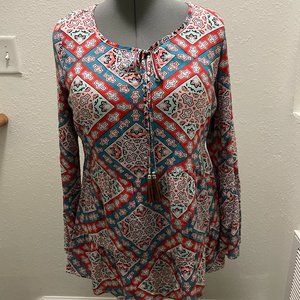 New Directions  blouse  BOHO  Long  sleeves ruched tie front Size Medium